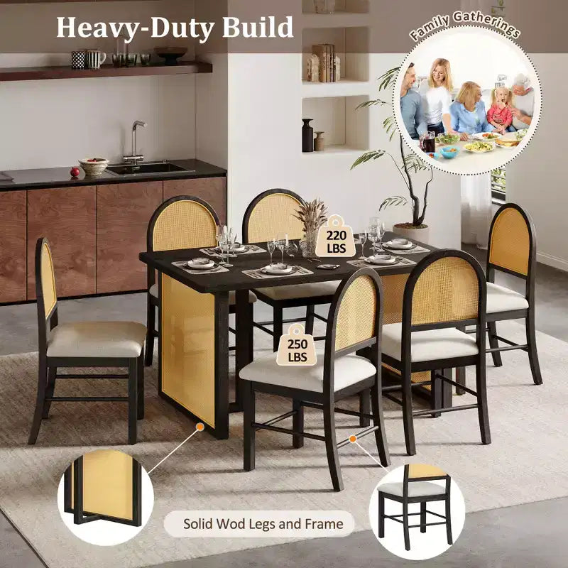 7-Piece Farmhouse Dining Table Set for 6-59.8 Rectangular Dining Table with Distressed and 6 Rattan Chairs, Rustic Kitchen Furniture
