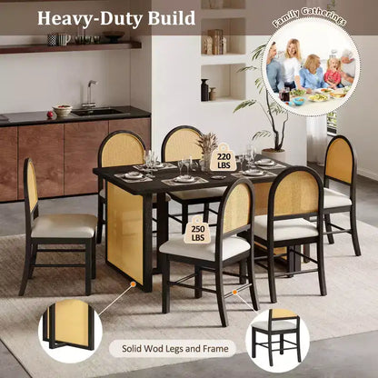 7-Piece Farmhouse Dining Table Set for 6-59.8 Rectangular Dining Table with Distressed and 6 Rattan Chairs, Rustic Kitchen Furniture