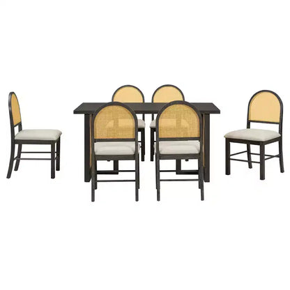 7-Piece Farmhouse Dining Table Set for 6-59.8 Rectangular Dining Table with Distressed and 6 Rattan Chairs, Rustic Kitchen Furniture