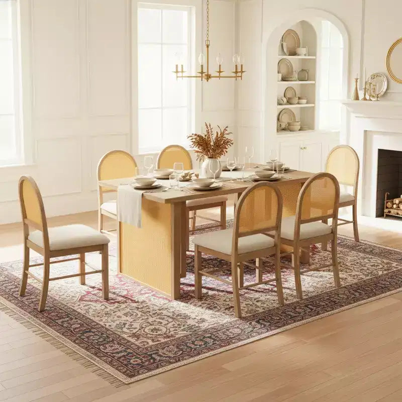 7-Piece Farmhouse Dining Table Set for 6-59.8 Rectangular Dining Table with Distressed and 6 Rattan Chairs, Rustic Kitchen Furniture