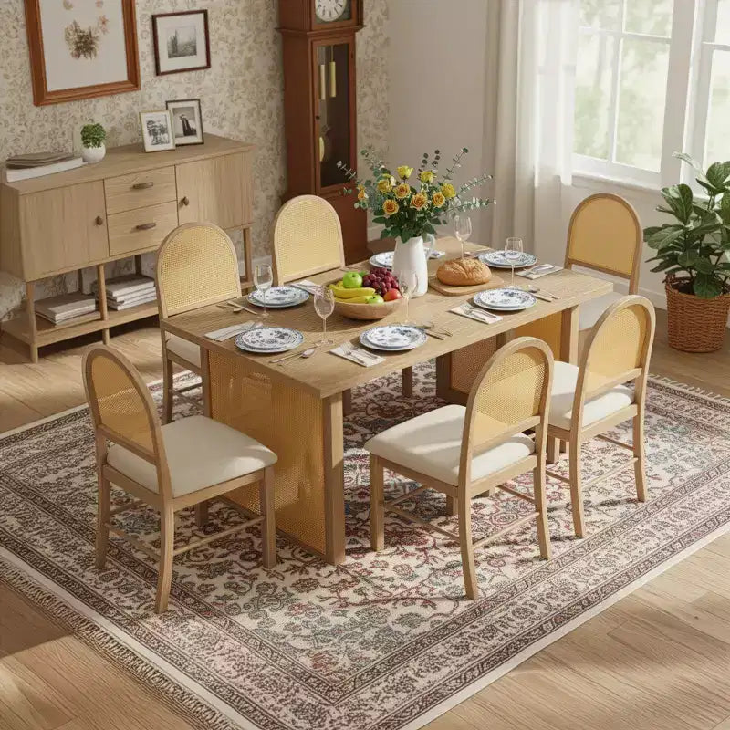 7-Piece Farmhouse Dining Table Set for 6-59.8 Rectangular Dining Table with Distressed and 6 Rattan Chairs, Rustic Kitchen Furniture