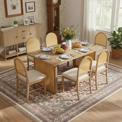 7-Piece Farmhouse Dining Table Set for 6-59.8 Rectangular Dining Table with Distressed and 6 Rattan Chairs, Rustic Kitchen Furniture