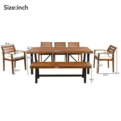 Ensemble de salle à manger d'extérieur 7 pièces GDFStudio Murray Modern Farmhouse en bois d'acacia avec table, banc et chaises rembourrées