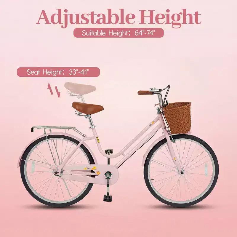Gymax 26-Inch Beach Cruiser Bike w/Adjustable Seat Woven Basket & Rear Rack