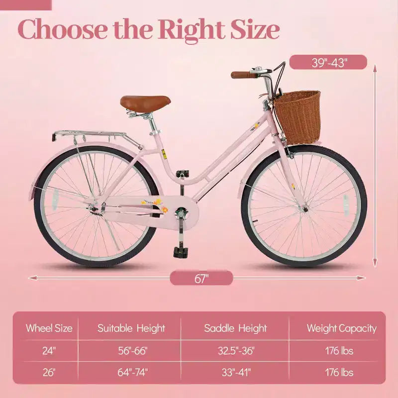 Gymax 26-Inch Beach Cruiser Bike w/Adjustable Seat Woven Basket & Rear Rack