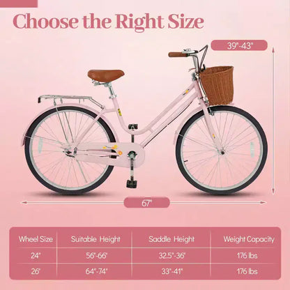 Gymax 26-Inch Beach Cruiser Bike w/Adjustable Seat Woven Basket & Rear Rack