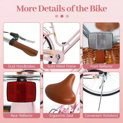 Gymax 26-Inch Beach Cruiser Bike w/Adjustable Seat Woven Basket & Rear Rack