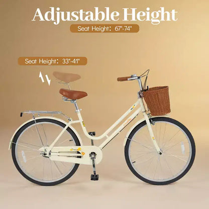 Gymax 26-Inch Beach Cruiser Bike w/Adjustable Seat Woven Basket & Rear Rack