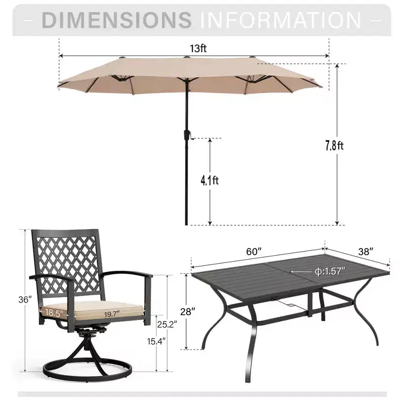 Captiva Designs Table à manger rectangulaire en acier 8 pièces, chaises en acier noir et parasol de marché