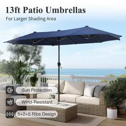 Captiva Designs Table à manger rectangulaire en acier 8 pièces, chaises en acier noir et parasol de marché