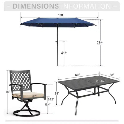 Captiva Designs Table à manger rectangulaire en acier 8 pièces, chaises en acier noir et parasol de marché
