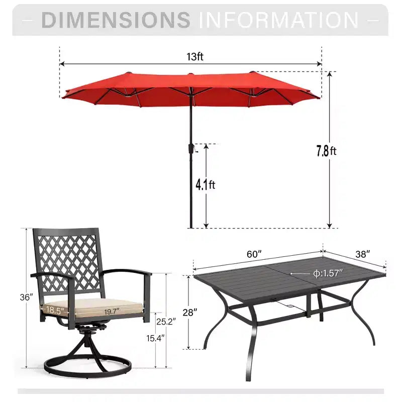 Captiva Designs Table à manger rectangulaire en acier 8 pièces, chaises en acier noir et parasol de marché