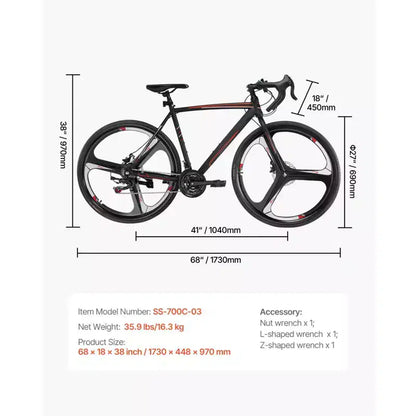 Vélo de course NAYSAYE 700C avec 21 vitesses, cadre en acier au carbone et freins à disque pour les déplacements urbains, Noir, 53.74*8.27*29.13