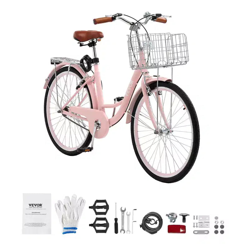 VEVOR Cruiser Bike, 1-Speed, 26-Inch Pink Beach Cruiser Bike with Large Capacity Basket and Rear Rack, Secure & Sturdy Cruiser Bike, Pink