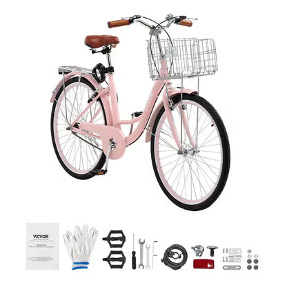 VEVOR Cruiser Bike, 1-Speed, 26-Inch Pink Beach Cruiser Bike with Large Capacity Basket and Rear Rack, Secure & Sturdy Cruiser Bike, Pink