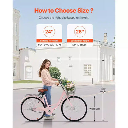 Vélo de plage VEVOR Cruiser, 1 vitesse, 26 pouces, rose, avec panier grande capacité et porte-bagages arrière, sécurisé et robuste, rose