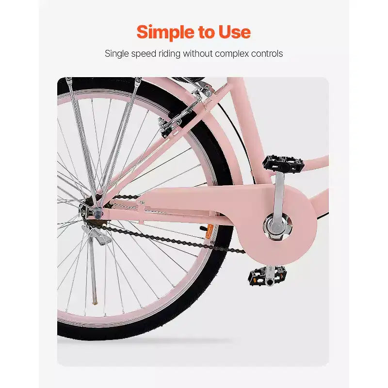 Vélo de plage VEVOR Cruiser, 1 vitesse, 26 pouces, rose, avec panier grande capacité et porte-bagages arrière, sécurisé et robuste, rose