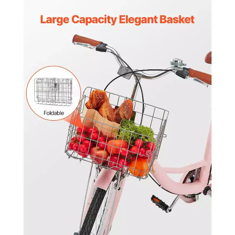 Vélo de plage VEVOR Cruiser, 1 vitesse, 26 pouces, rose, avec panier grande capacité et porte-bagages arrière, sécurisé et robuste, rose