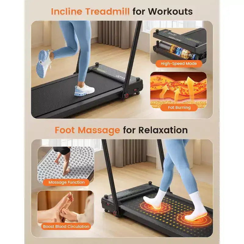 KRISRATE 3-in-1 3.5HP Walking Pad Treadmill w/ Foot Massage & Handle Bar, DualSided Compact Walking Pad, Foldable Treadmill for Home Gym