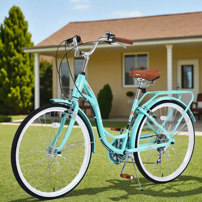 NAYSAYE Vélo Cruiser 24 Pouces 7 Vitesses pour Femmes Vélo Cruiser Complet avec Double Frein en V Selle Réglable Cadre en Acier pour Femmes Hommes Trajets Quotidiens Loisirs