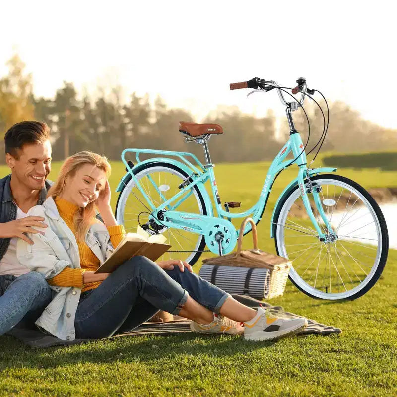 NAYSAYE Vélo Cruiser 24 Pouces 7 Vitesses pour Femmes Vélo Cruiser Complet avec Double Frein en V Selle Réglable Cadre en Acier pour Femmes Hommes Trajets Quotidiens Loisirs