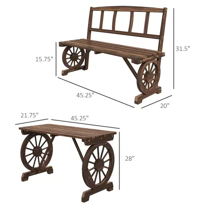 Table et chaises de patio pour 4 personnes, motif roue de chariot, ensemble de mobilier d'extérieur pour jardin, carbonisé
