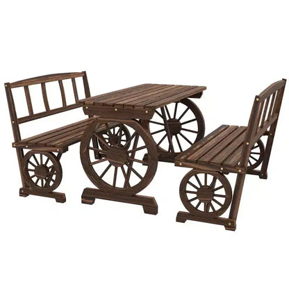 Table et chaises de patio pour 4 personnes, motif roue de chariot, ensemble de mobilier d'extérieur pour jardin, carbonisé
