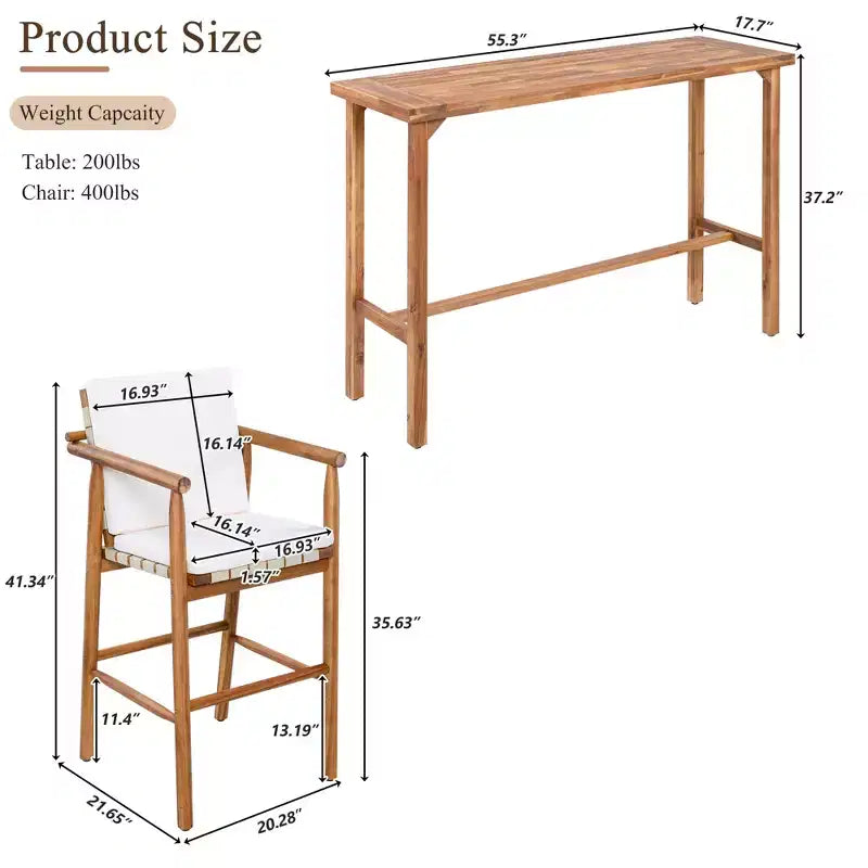 Ensemble de salle à manger GDFStudio Agnes Patio moderne 3 pièces en bois d'acacia hauteur comptoir avec tabourets coussinés