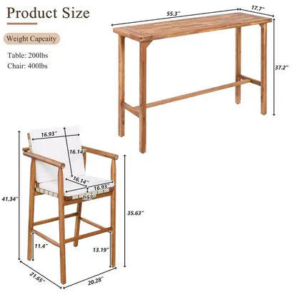 Ensemble de salle à manger GDFStudio Agnes Patio moderne 3 pièces en bois d'acacia hauteur comptoir avec tabourets coussinés