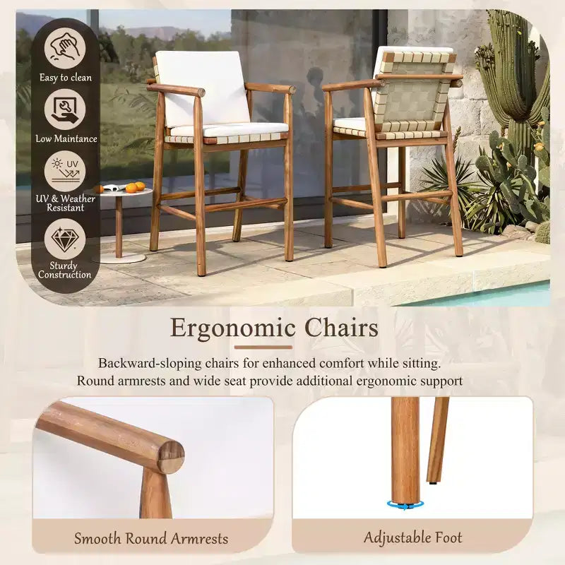 Ensemble de salle à manger GDFStudio Agnes Patio moderne 3 pièces en bois d'acacia hauteur comptoir avec tabourets coussinés