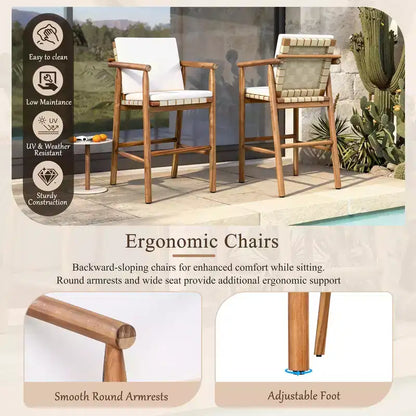 Ensemble de salle à manger GDFStudio Agnes Patio moderne 3 pièces en bois d'acacia hauteur comptoir avec tabourets coussinés