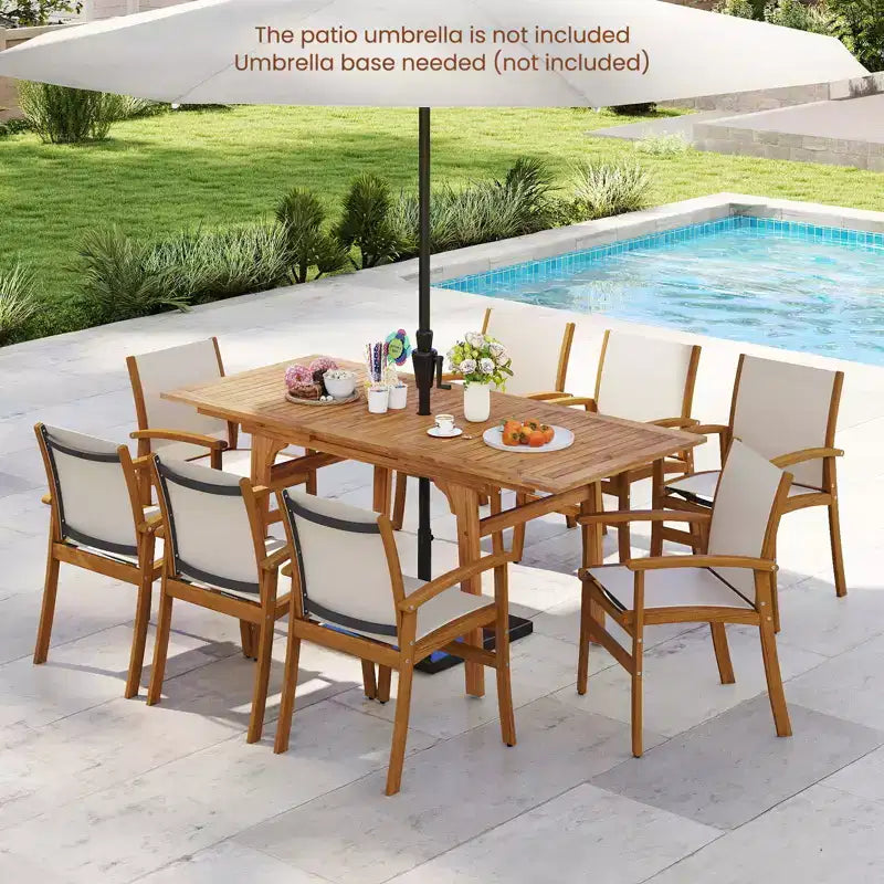 Ensemble de salle à manger d'extérieur Gymax 9 pièces en bois d'acacia avec trou de parasol de 5 cm pour jardin et arrière-cour Naturel et gris