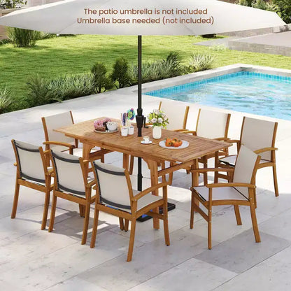 Ensemble de salle à manger d'extérieur Gymax 9 pièces en bois d'acacia avec trou de parasol de 5 cm pour jardin et arrière-cour Naturel et gris
