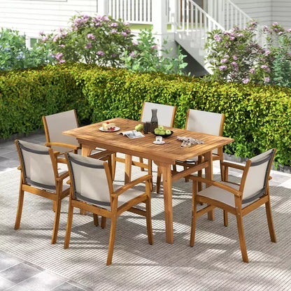 Ensemble de salle à manger d'extérieur Gymax 9 pièces en bois d'acacia avec trou de parasol de 5 cm pour jardin et arrière-cour Naturel et gris