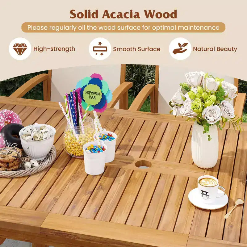 Ensemble de salle à manger d'extérieur Gymax 9 pièces en bois d'acacia avec trou de parasol de 5 cm pour jardin et arrière-cour Naturel et gris