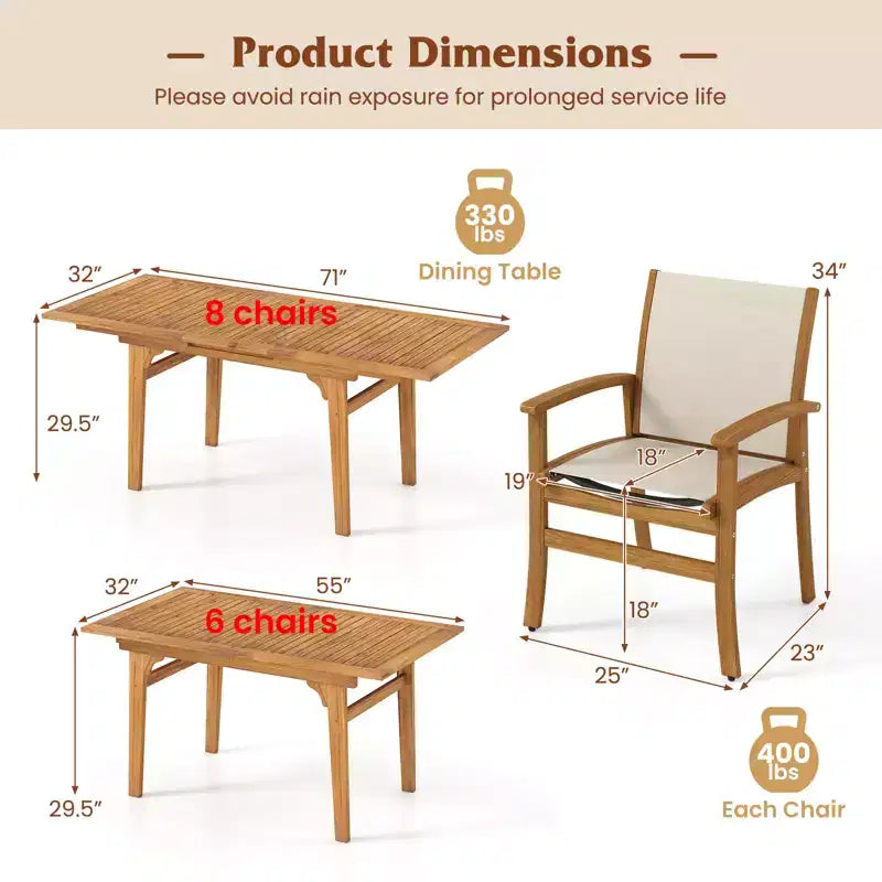 Ensemble de salle à manger d'extérieur Gymax 9 pièces en bois d'acacia avec trou de parasol de 5 cm pour jardin et arrière-cour Naturel et gris