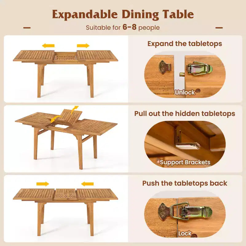 Ensemble de salle à manger d'extérieur Gymax 9 pièces en bois d'acacia avec trou de parasol de 5 cm pour jardin et arrière-cour Naturel et gris