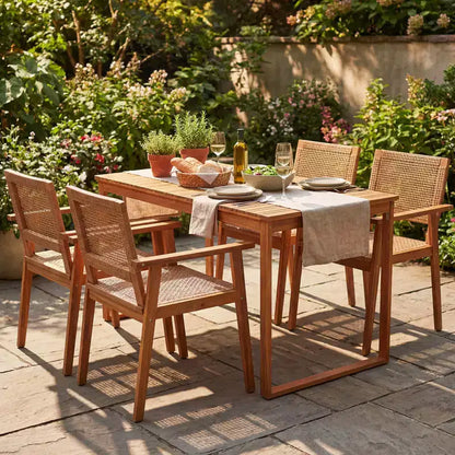 Ensemble de salle à manger 5 pièces en bois d'acacia Gymax avec table et chaises en rotin pour balcon ou piscine