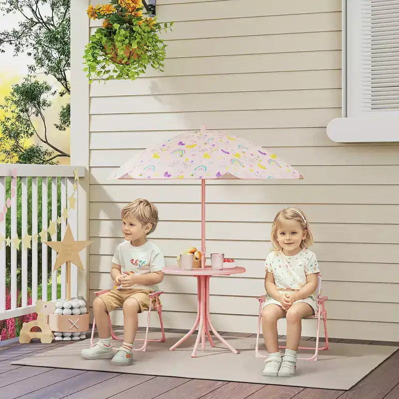 Ensemble Table et Chaises de Pique-nique pour Enfants, Table d'Activités d'Extérieur avec Chaises Pliantes, Parasol Amovible pour Jardin