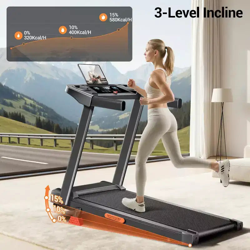 15% Manual Incline Treadmill with Handle Bar, 3-Screen Display Foldable Walking Pad, 3.0HP Quiet Motor, 0.67.0 MPH, Home Treadmill