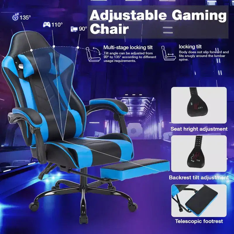 Chaise de jeu ergonomique Ora Maison avec repose-pieds et support lombaire, chaise d'ordinateur pivotante réglable en hauteur et respirante pour adultes, bleue