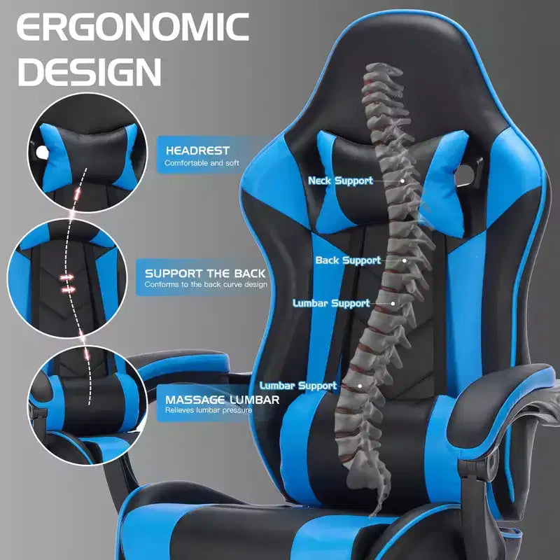 Chaise de jeu ergonomique Ora Maison avec repose-pieds et support lombaire, chaise d'ordinateur pivotante réglable en hauteur et respirante pour adultes, bleue