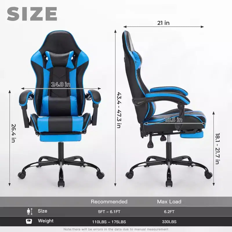 Chaise de jeu ergonomique Ora Maison avec repose-pieds et support lombaire, chaise d'ordinateur pivotante réglable en hauteur et respirante pour adultes, bleue