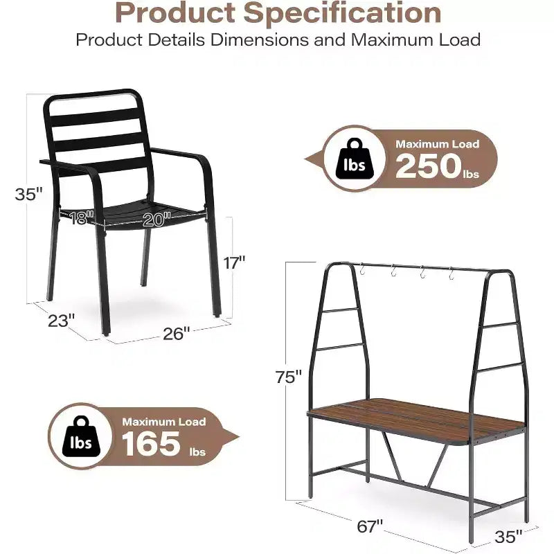 LAUSAINT HOME Ensemble de Table et Chaises d'extérieur A-Frame pour 4 Personnes avec 4 Crochets, Salon de Jardin