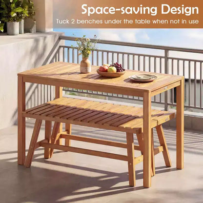 Costway 3 PCS Acacia Wood Patio Dining Set with Slatted Seats for Deck, Lawn and Backyard