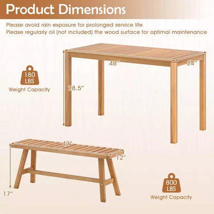 Costway 3 PCS Acacia Wood Patio Dining Set with Slatted Seats for Deck, Lawn and Backyard