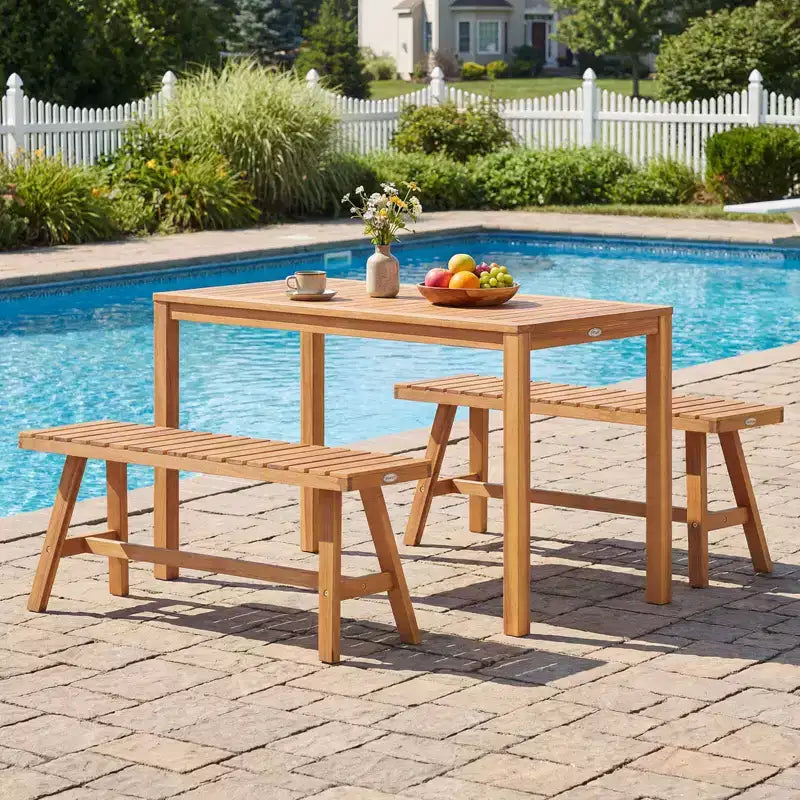 Costway 3 PCS Acacia Wood Patio Dining Set with Slatted Seats for Deck, Lawn and Backyard