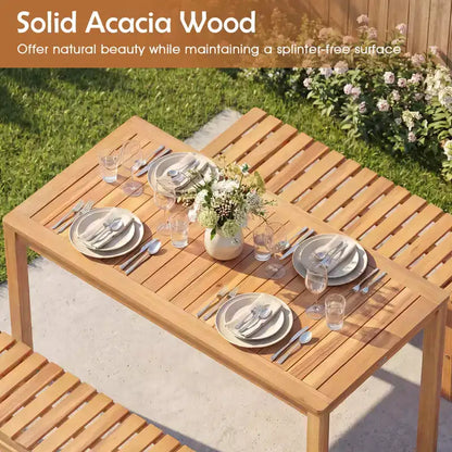 Costway 3 PCS Acacia Wood Patio Dining Set with Slatted Seats for Deck, Lawn and Backyard