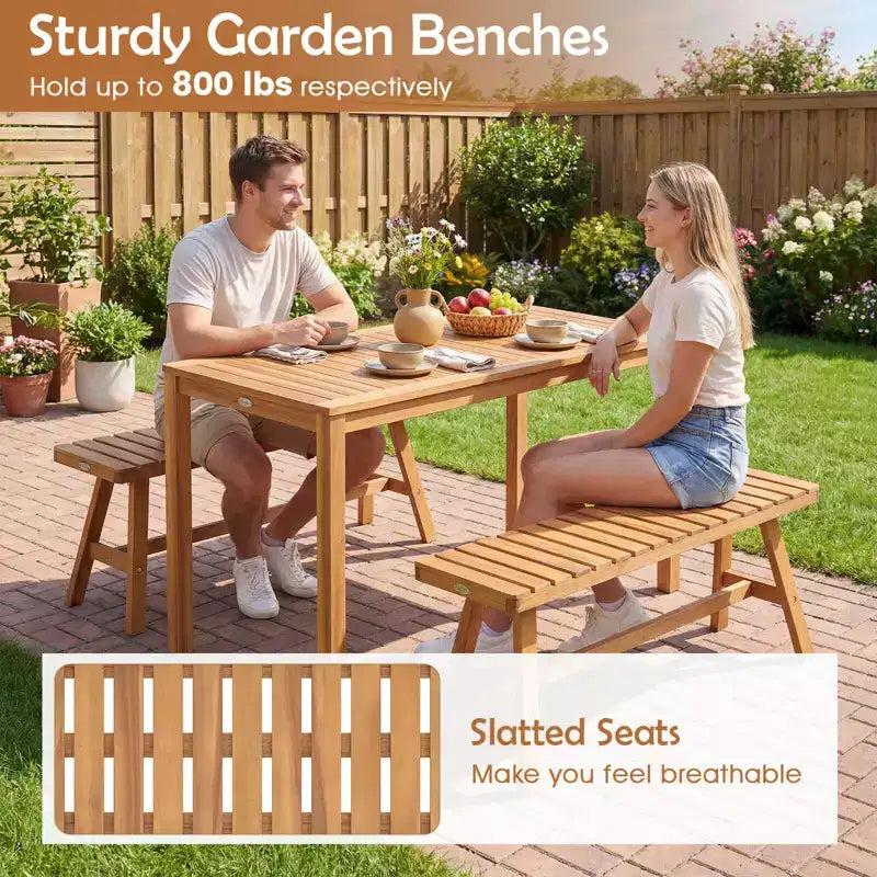 Costway 3 PCS Acacia Wood Patio Dining Set with Slatted Seats for Deck, Lawn and Backyard
