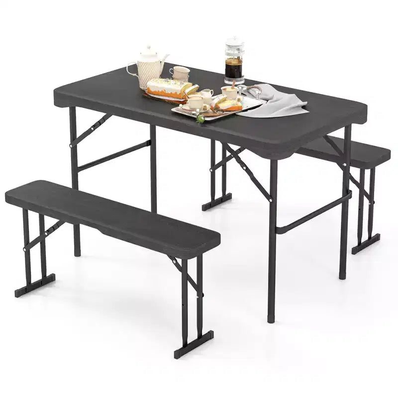 Costway Outdoor Table Bench Set Folding Picnic Table Set w/ 2 Benches Sturdy Metal Frame